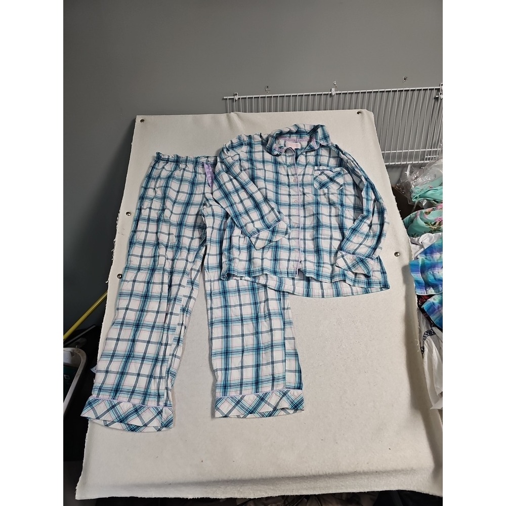 VICTORIA'S SECRET Metallic Silver Checkered Blue‎ Pink Pajamas Set Sz L